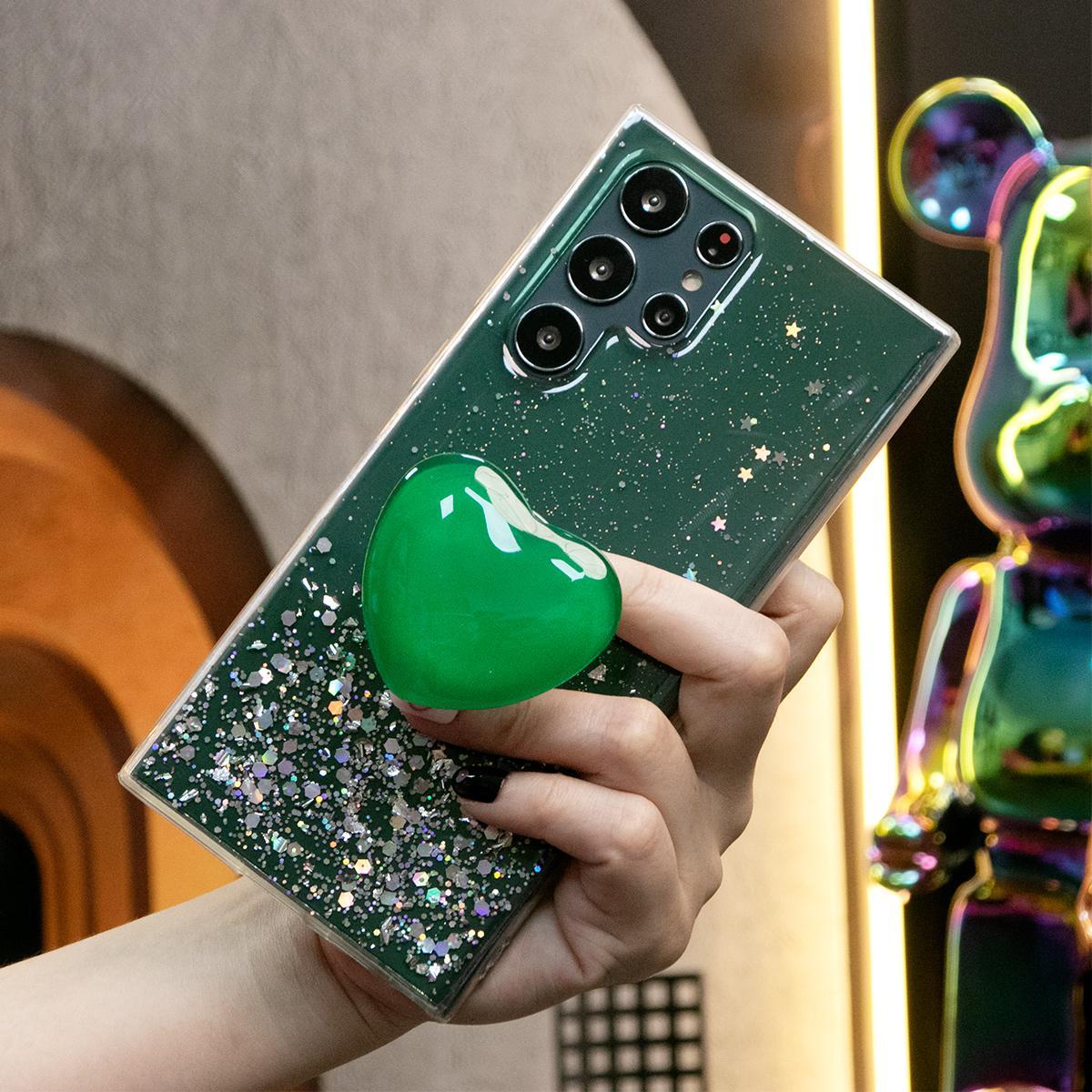 Glitter Star Sequin Crystal Love Heart Stand Phone Case For Samsung S25 S24 S23 S22 S21 Note20 A15 A25 A35 A55 Clear Soft TPU Back Cover