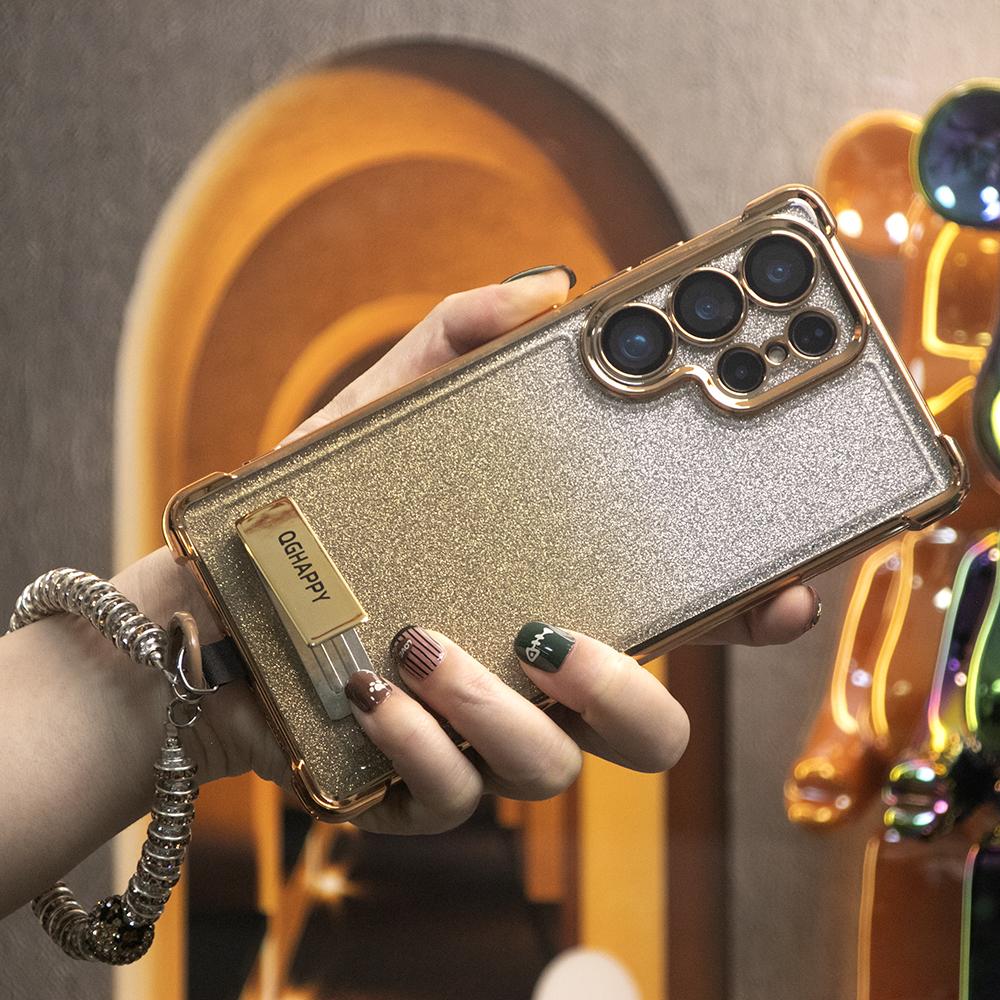 Gradient Plating Four Corners Thin Kickstand Case with Pearl Diamond Wristband for Samsung S25Ultra S25 S24 S23 S22 S21 Note20 A53 A54 A55 Hard Acrylic Bumper Full Cover