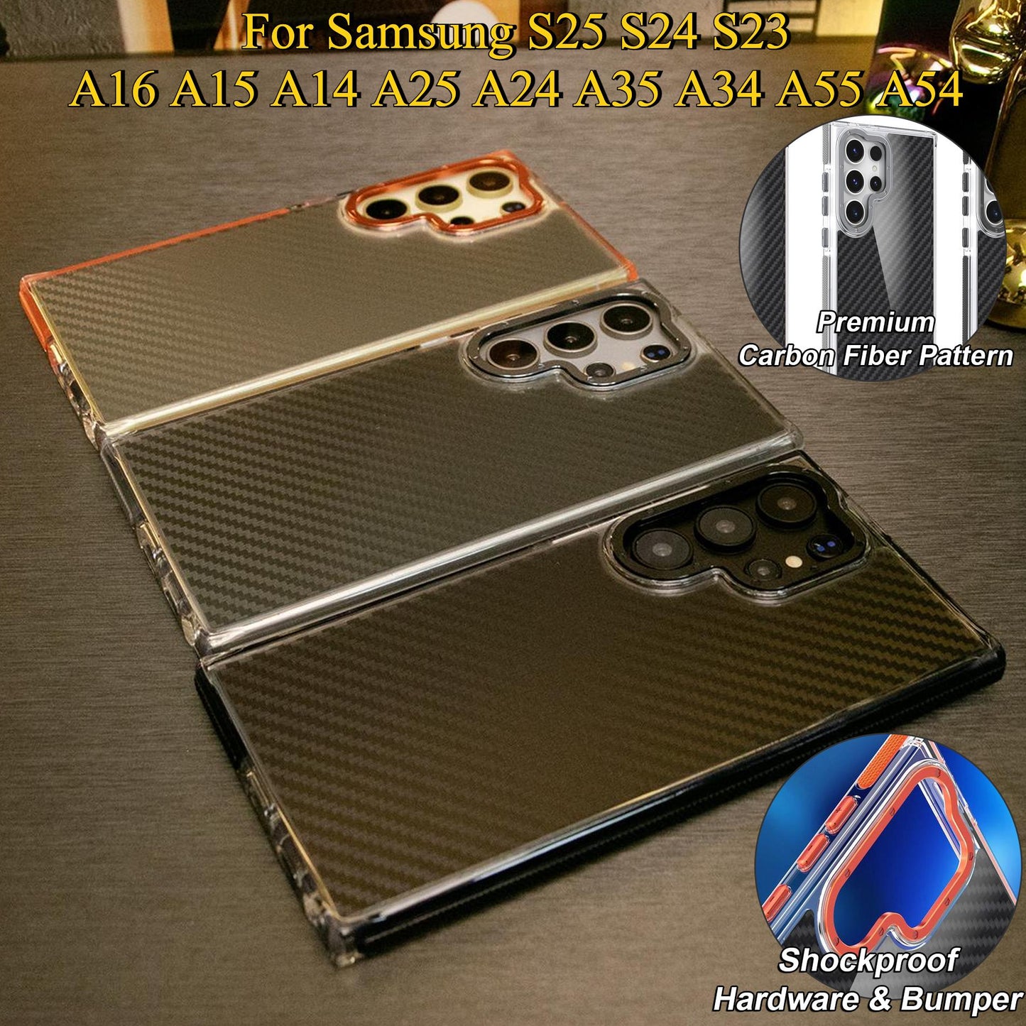 Carbon Fiber Pattern Phone Case, Metal Hardware Camera Protective Acrylic Cover, Clear No Yellow, With Shockproof  Anti-Fall Bumper For Samsung S25Ultra S24 S23 S21FE A14 A15 A24 A25 A35 A54 A55 A05