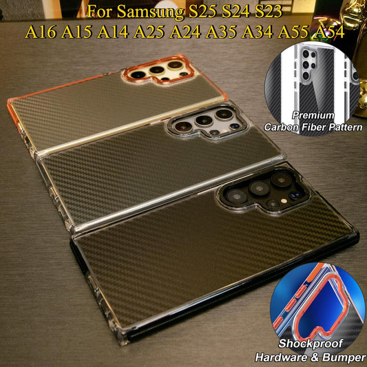 Carbon Fiber Pattern Phone Case, Metal Hardware Camera Protective Acrylic Cover, Clear No Yellow, With Shockproof  Anti-Fall Bumper For Samsung S25Ultra S24 S23 S21FE A14 A15 A24 A25 A35 A54 A55 A05