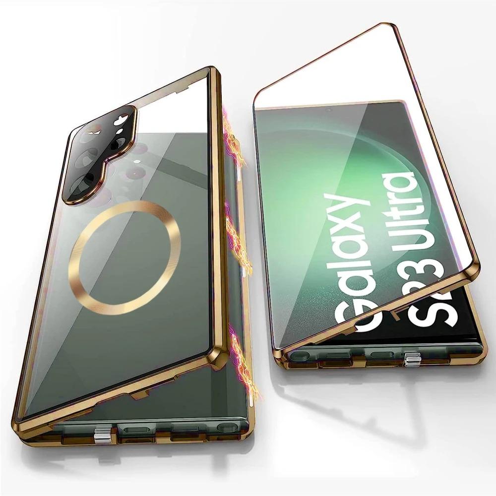 HD Clear Magnetic Double Sided Tempered Glass Front Matte Magnetic Ring Back Phone Case For Samsung S25Ultra S25 S24 S23 S22 S21 Aluminum Alloy Frame Full Cover [Not Support Fingerprint]