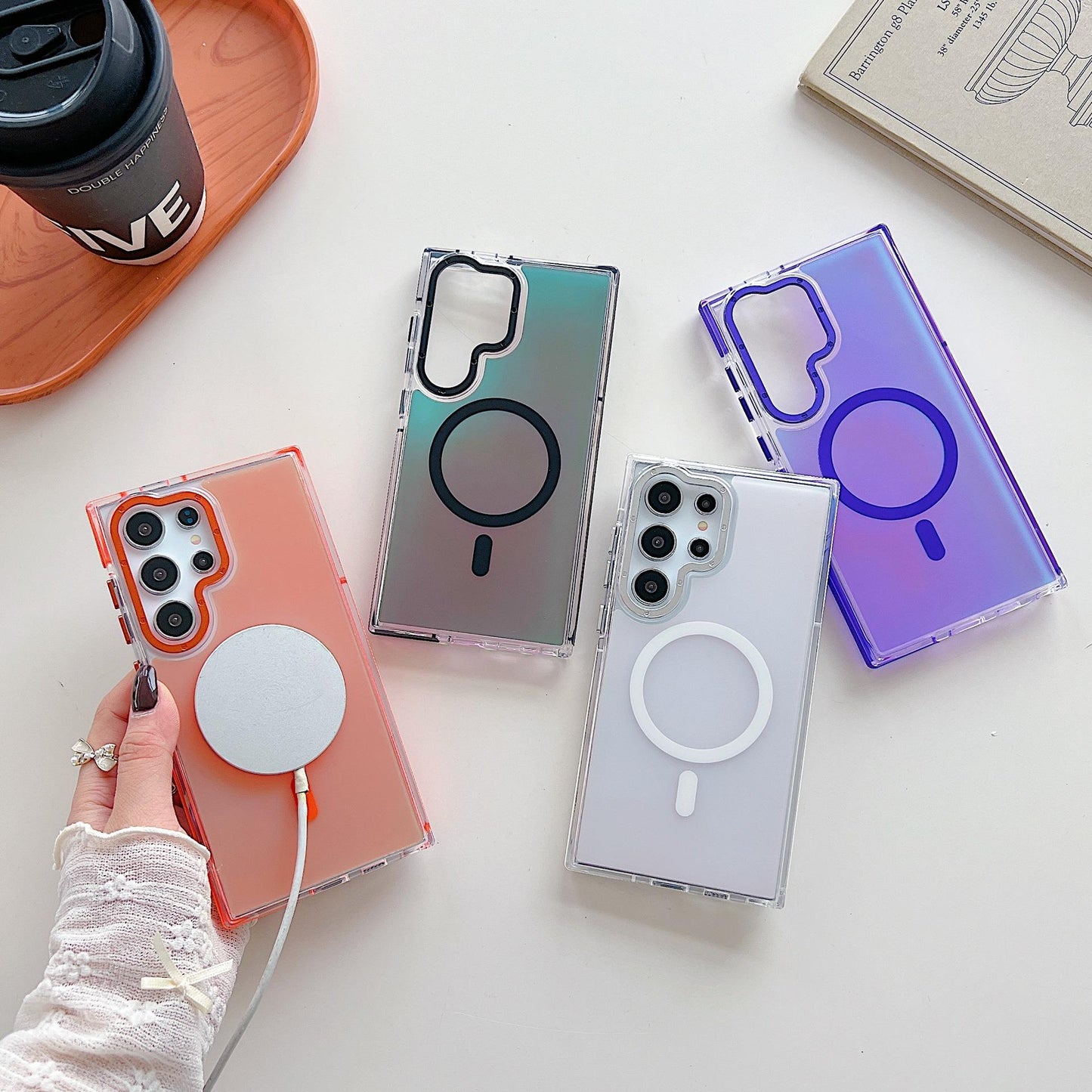 Laser Gradient Chameleon Strong Magnetic Wireless Charging Phone Case For Samsung S25Ultra S25 S24 S23 S22 A06 A15 A16 A25 A35 A36 A53 A54 A55 Metal Frame Acrylic Shockproof Hard Cover
