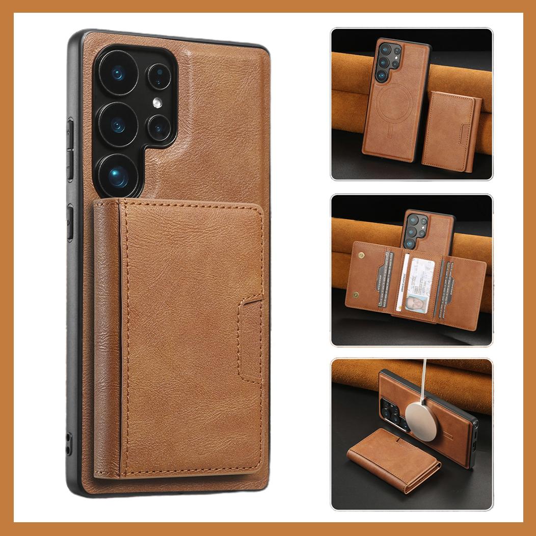 For Samsung S25 S24 S23 A16 A15 A36 A35 A56 A55 A53 Leather Phone Case with Strong Magnetic Triple Fold Wallet, Anti-Fall Card Bag Kickstand for Magsafe Shockproof Business Hard Full Cover