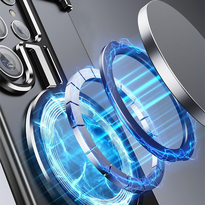 For Samsung S25Ultra S24Ultra S24+ S24 Aluminum π Shape Phone Case with Metal 360 Rotating Kickstand, Anti-Fall for Magsafe Shockproof Frameless Support Wireless Charging Hard Full Cover