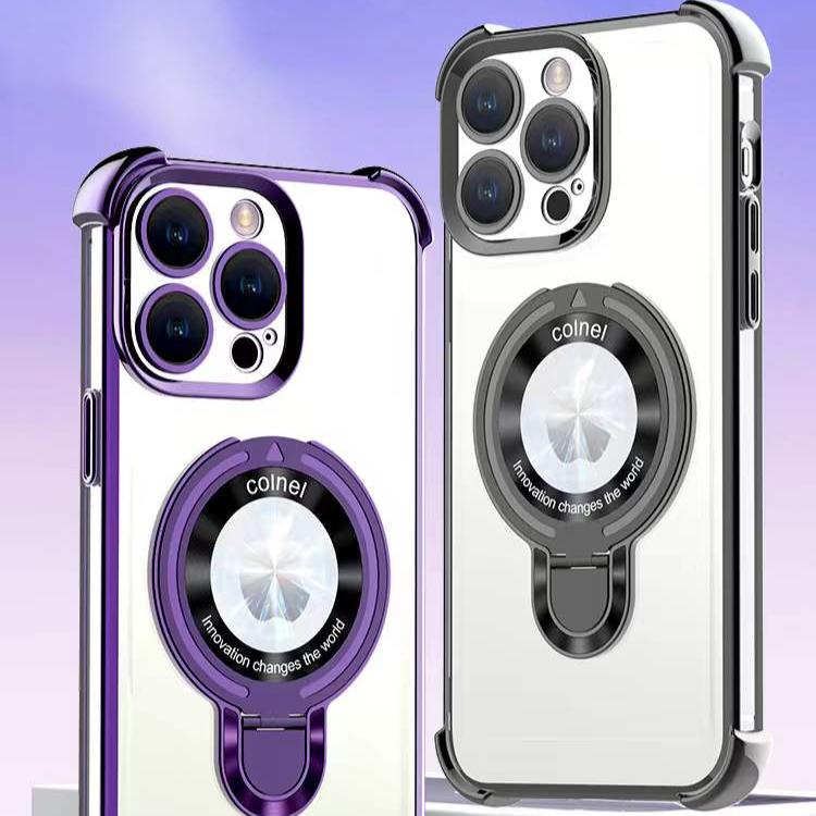 Luxury Plating Four Corners Shockproof Clear Case With Magnetic Stand For iPhone 16 15 14 13 Transparent Hard Acrylic Hybrid Bumper Hard Full Cover