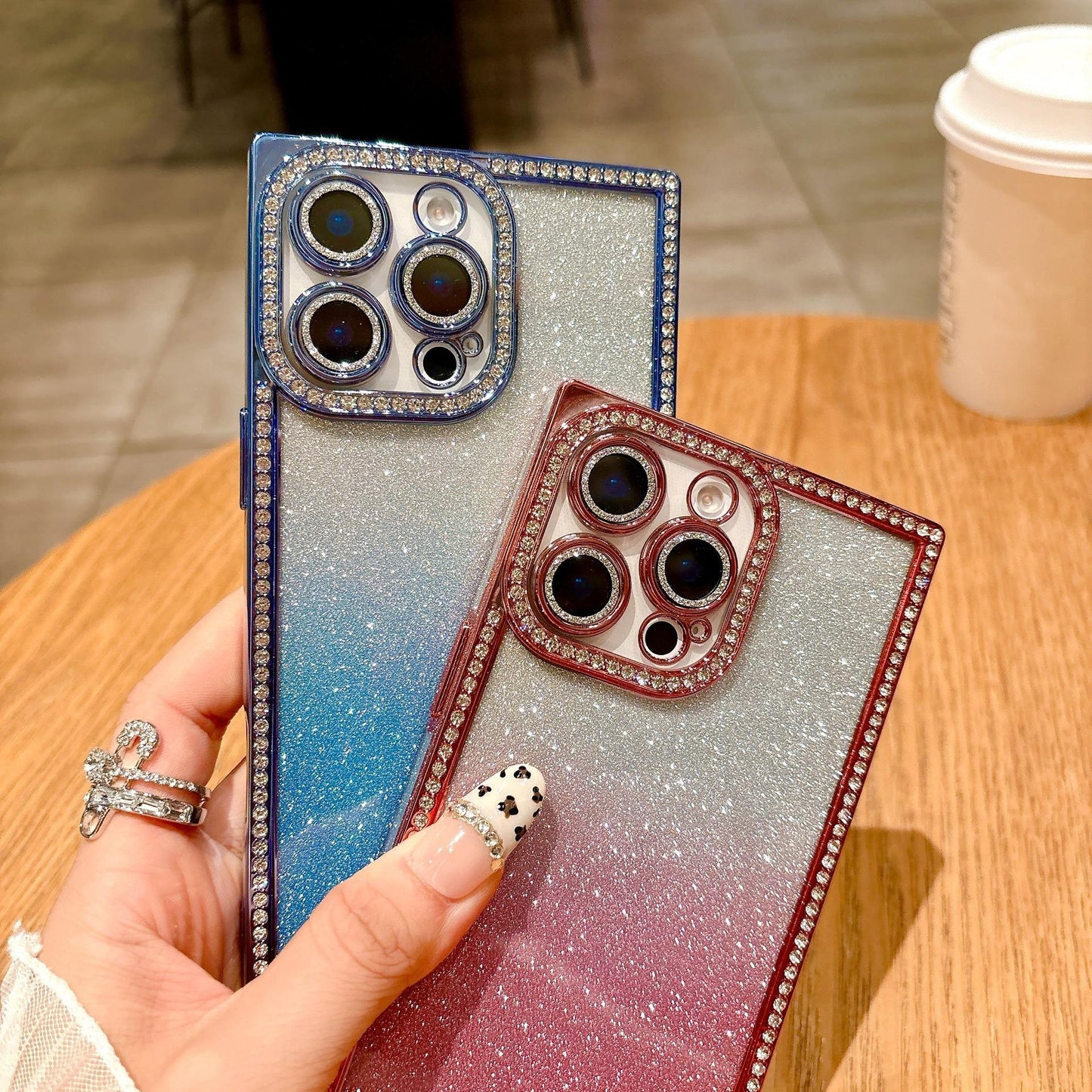 Glitter Rhinestone Clear TPU Square Phone Case with Len Protector For iPhone 16ProMax 15 14 13 Transparent Bumper Shockproof Soft Full Cover