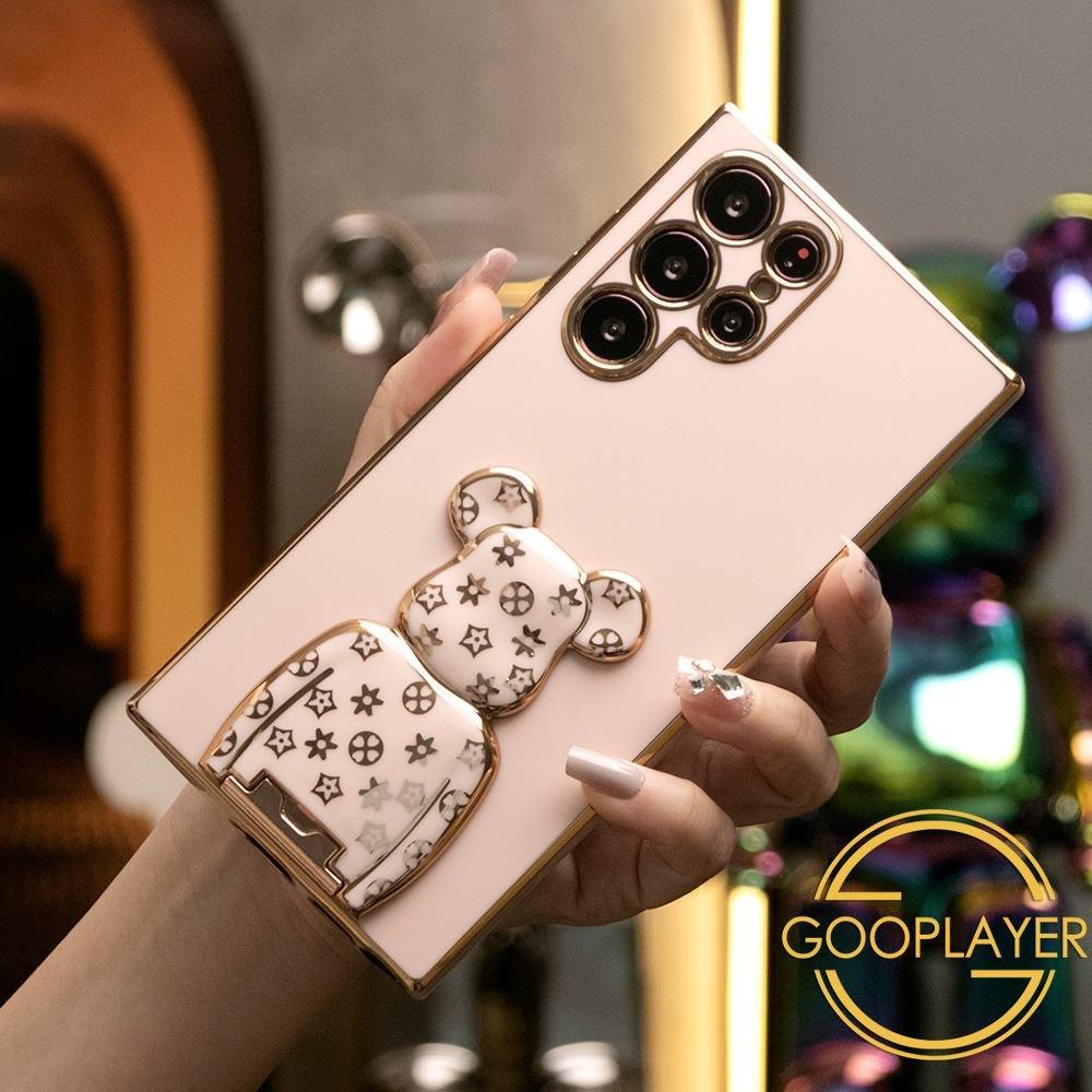 Plating Flower Bear Stand Phone Case for Samsung Galaxy S25Ultra S24 S25 Plus FE Soft TPU Back Cover