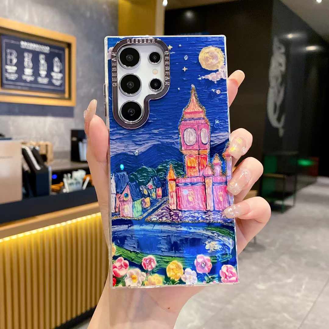 For Samsung S25 S24 S23 S22 A34 A35 A53 A54 A55 Note20Ultra Phone Case, Luxury Elegant Colorful Rainbow Castle Butterfly Flower Oil Painting Metal Camera Frame Anti-drop Hard Shockproof Full Cover