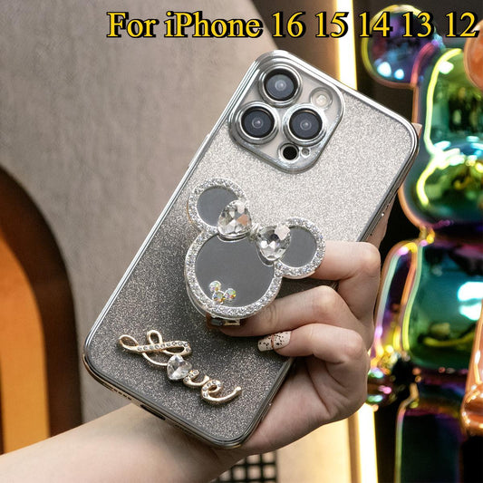 Glitter Transparent Gradient Mouse Head Mirror Kickstand Plating Phone Case For iPhone 16 15 14 13 12 Pro Max Clear Soft TPU Back Cover