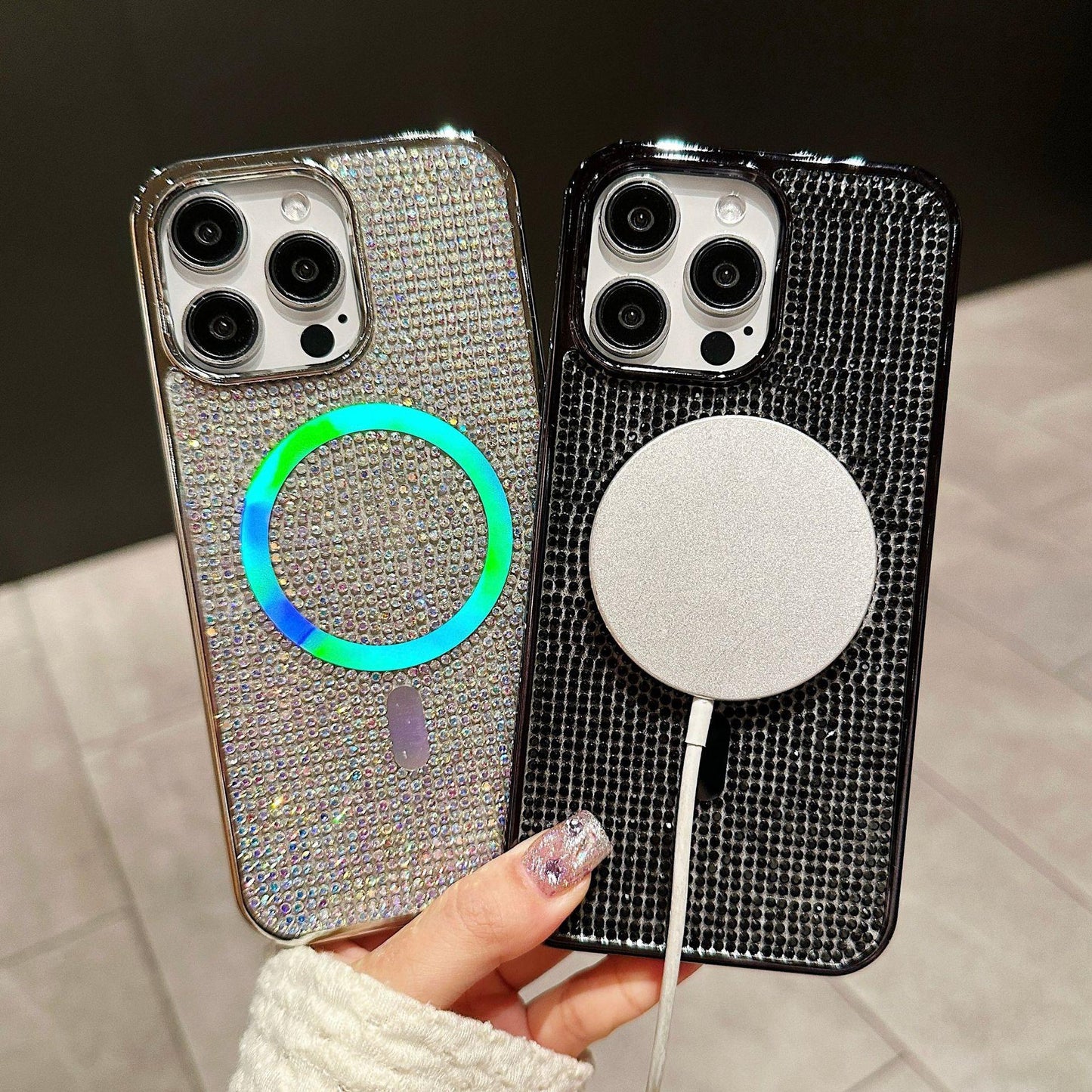 Luxury Rhinestone Glitter Plating Slim PC Strong Magnetic Phone Case For iPhone 16ProMax 15 14 13 Hard Support Wireless Charging Full Cover