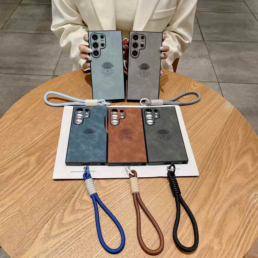 For Samsung S25Ultra S25Edge S24 S23 S22 S21 Note20 A16 A26 A36 A55 A56 Case With Weave Wristband, Astronaut Pattern Matte Suede Leather Shockproof Hard Phone Case