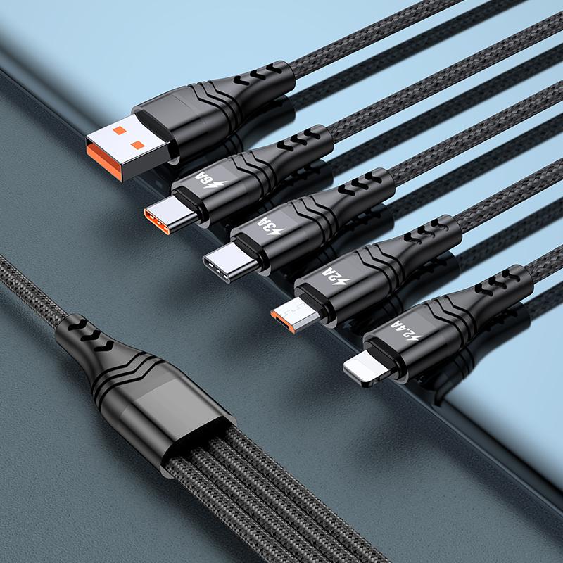 1.2m/2m 6A 4in1 One Drag Four Fast Filling Line Cable Aluminum Alloy + Two-color Braided Thread Fast Charging IP Type-C Android Universal