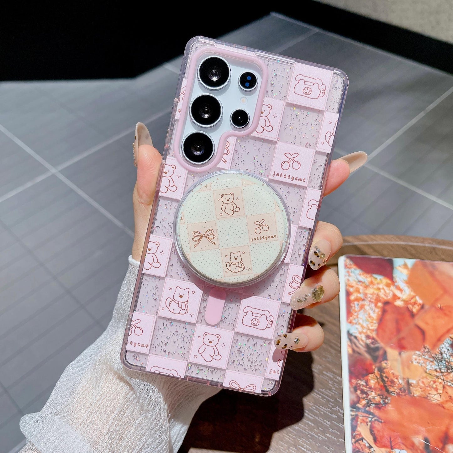 Cute Cartoon Moon Cat Magnetic Phone Case for Samsung S25 S24 S23 Ultra FE Plus Glitter Back Cover for Women Girls with Magnetic Stand
