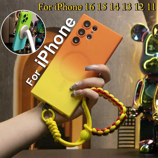 Gradient Color Magnetic Wireless Charge Matte Case With Adjustable Woven Strap For iPhone 16 15 14 13 12 11 Wireless Charging Soft Bumper Cover