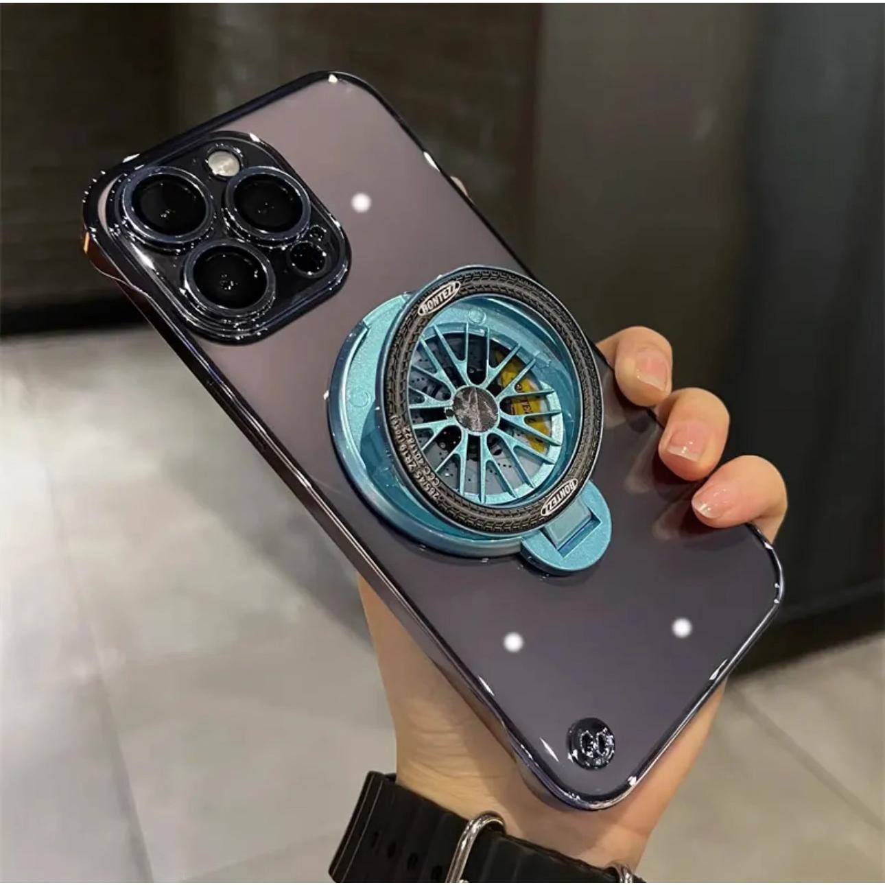 Ultra Slim Frameless Plating PC with Len Protector Phone Case with Metal Magnetic Gyro Rotating Kickstand For iPhone 16ProMax 15 14 13 12 Shockproof Support Wireless Charging Hard Full Cover