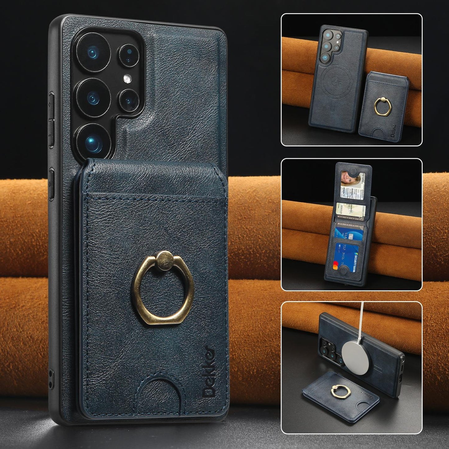 For Samsung S25 S24 S23 A16 A15 A36 A35 A56 A55 A53 Leather Phone Case with Strong Magnetic Wallet Ring Stand, Anti-Fall Card Bag Kickstand for Magsafe Shockproof Business Hard Full Cover