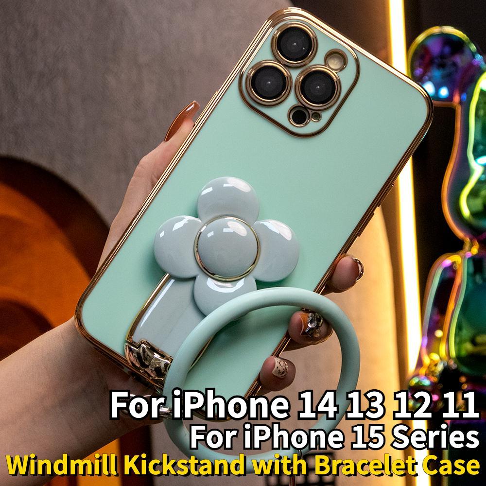 For iPhone 16 15 14 13 12 Pro Max Phone Case, Windmill Kickstand with Bracelet, Plating Electroplate Luxury Elegant Case Camera Protector Pop Stand Shockproof Soft Cover