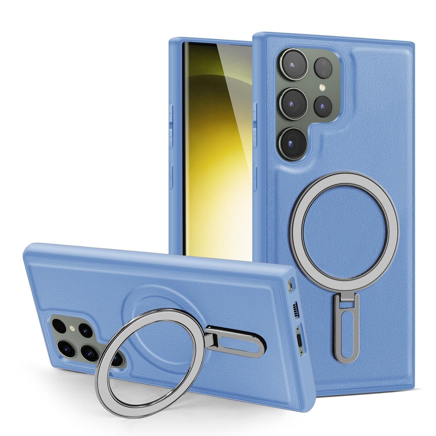 Luxury Full Leather Glossy Kickstand Phone Case For Magsafe For Samsung S25Ultra S25+ S25 S24FE S24 Ultra S23 S22 Ultra Plus Metal Ring Magnetic Metal Holder Shockproof Stand Back Cover