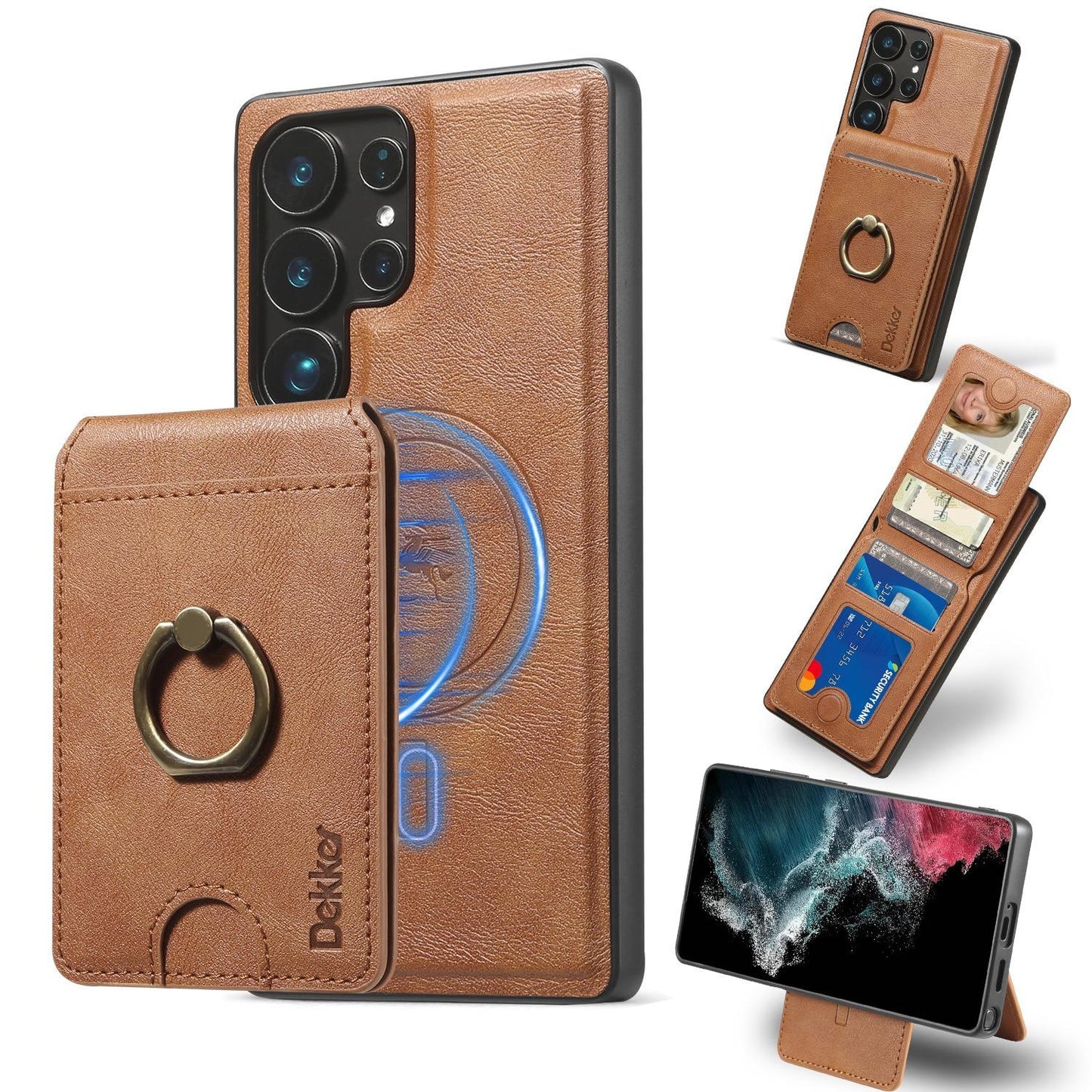 For Samsung S25 S24 S23 A16 A15 A36 A35 A56 A55 A53 Leather Phone Case with Strong Magnetic Wallet Ring Stand, Anti-Fall Card Bag Kickstand for Magsafe Shockproof Business Hard Full Cover