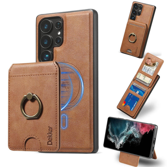 For Samsung S25 S24 S23 A16 A15 A36 A35 A56 A55 A53 Leather Phone Case with Strong Magnetic Wallet Ring Stand, Anti-Fall Card Bag Kickstand for Magsafe Shockproof Business Hard Full Cover