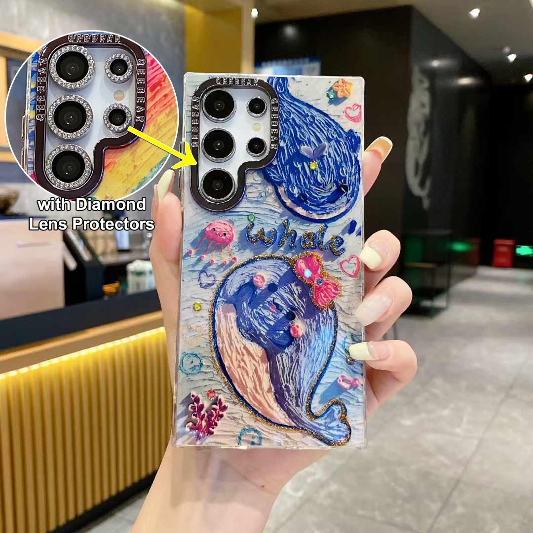 For Samsung S25 S24 S23 S22 Phone Case with Diamond Lens Protectors, Luxury Panda Leopard Rainbow Butterfly Elephant Oil Painting Metal Camera Frame Anti-drop Hard Shockproof Full Cover