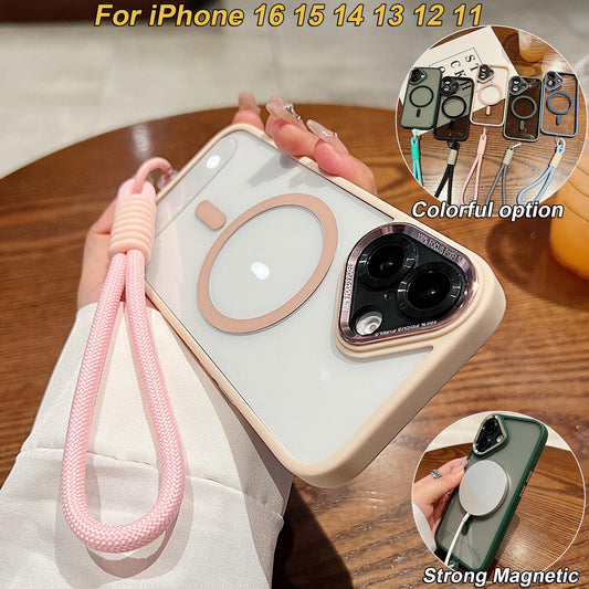 Colorful Crystal High Definition Clear Magnetic Phone Case with Woven Wristband For iPhone 16ProMax 16 15 14 13 12 11 Pro Max Plus Transparent HD Len Protection Hard Full Cover