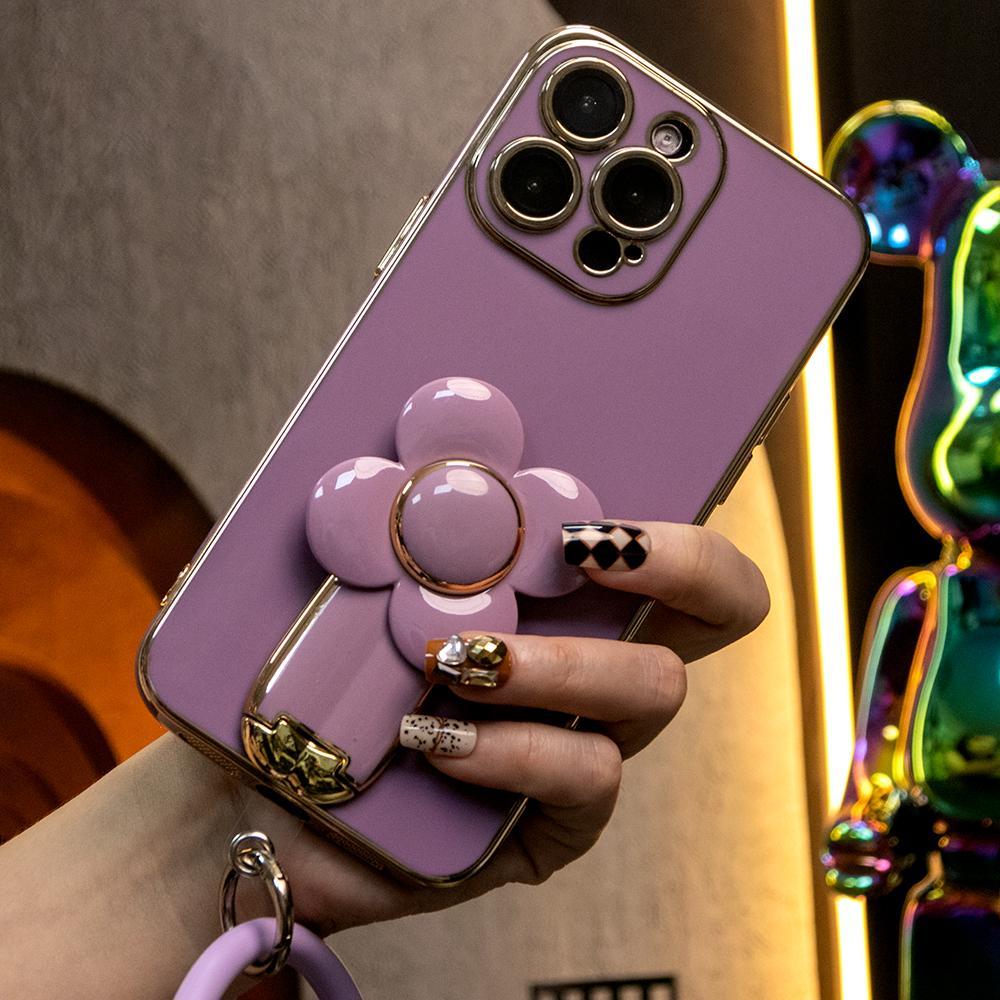 For iPhone 16 15 14 13 12 Pro Max Phone Case, Windmill Kickstand with Bracelet, Plating Electroplate Luxury Elegant Case Camera Protector Pop Stand Shockproof Soft Cover