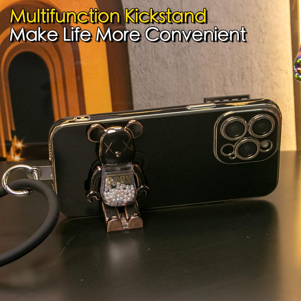For iPhone 16 15 14 13 12 11 XR XSMax X/XS Phone Case, Candy Bear Kickstand with Silicone Bracelet, Plating Electroplate Luxury Elegant Case Camera Protector Pop Stand Shockproof Soft Cover