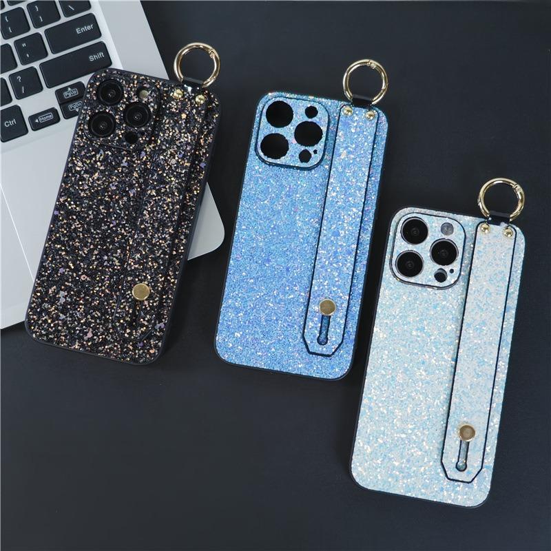 For iPhone 16ProMax 16 15 14 13 12 11 Case With Wristband, Luxury Glitter Durable Faux Leather Kickstand Shockproof Phone Case