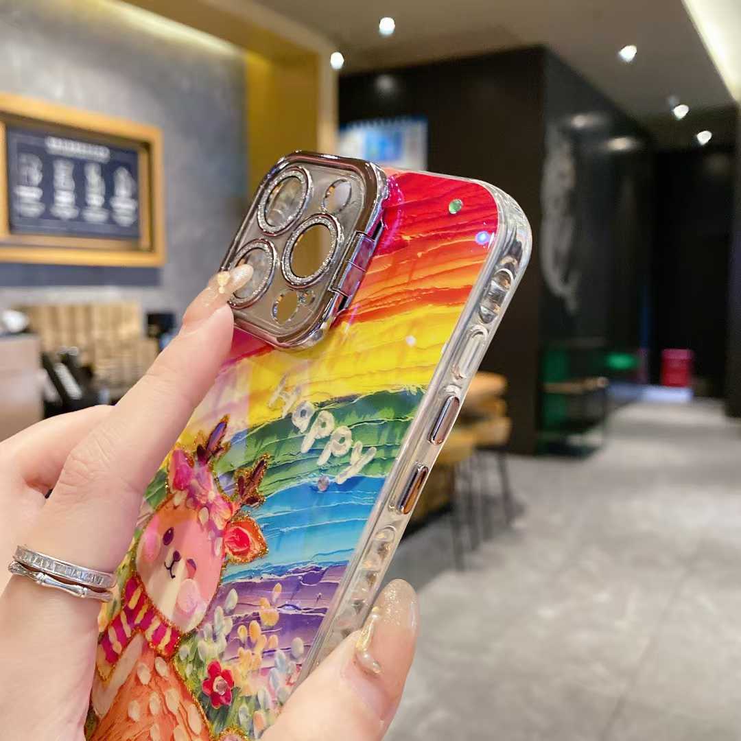 For iPhone 16ProMax 16 15 14 13 12 11 Phone Case with Diamond Camera Kickstand, Smiling Face Rainbow Rabbit Deer, Luxury Oil Painting Camera Frame Anti-drop Hard Shockproof Full Cover