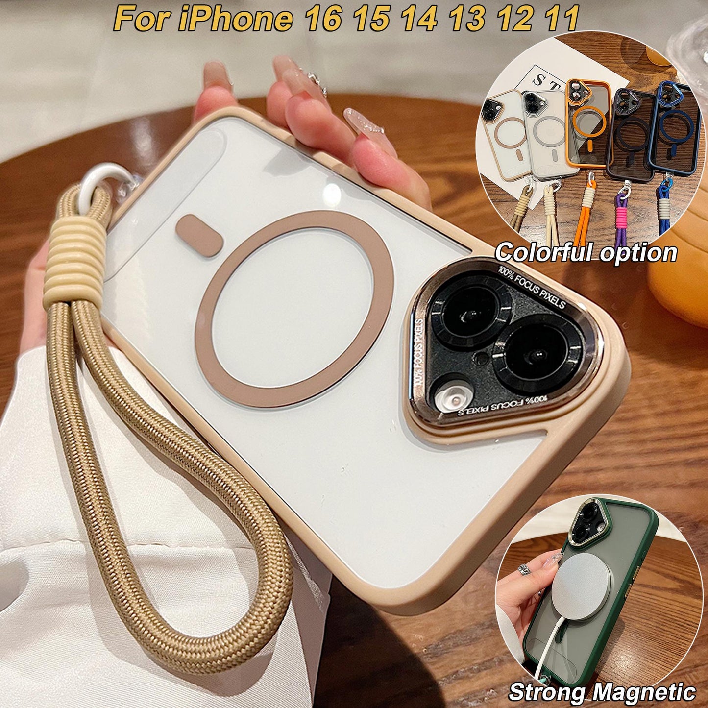 Colorful Crystal High Definition Clear Magnetic Phone Case with Woven Wristband For iPhone 16ProMax 16 15 14 13 12 11 Pro Max Plus Transparent HD Len Protection Hard Full Cover