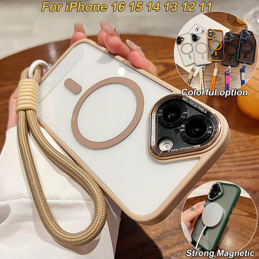 Colorful Crystal High Definition Clear Magnetic Phone Case with Woven Wristband For iPhone 16ProMax 16 15 14 13 12 11 Pro Max Plus Transparent HD Len Protection Hard Full Cover