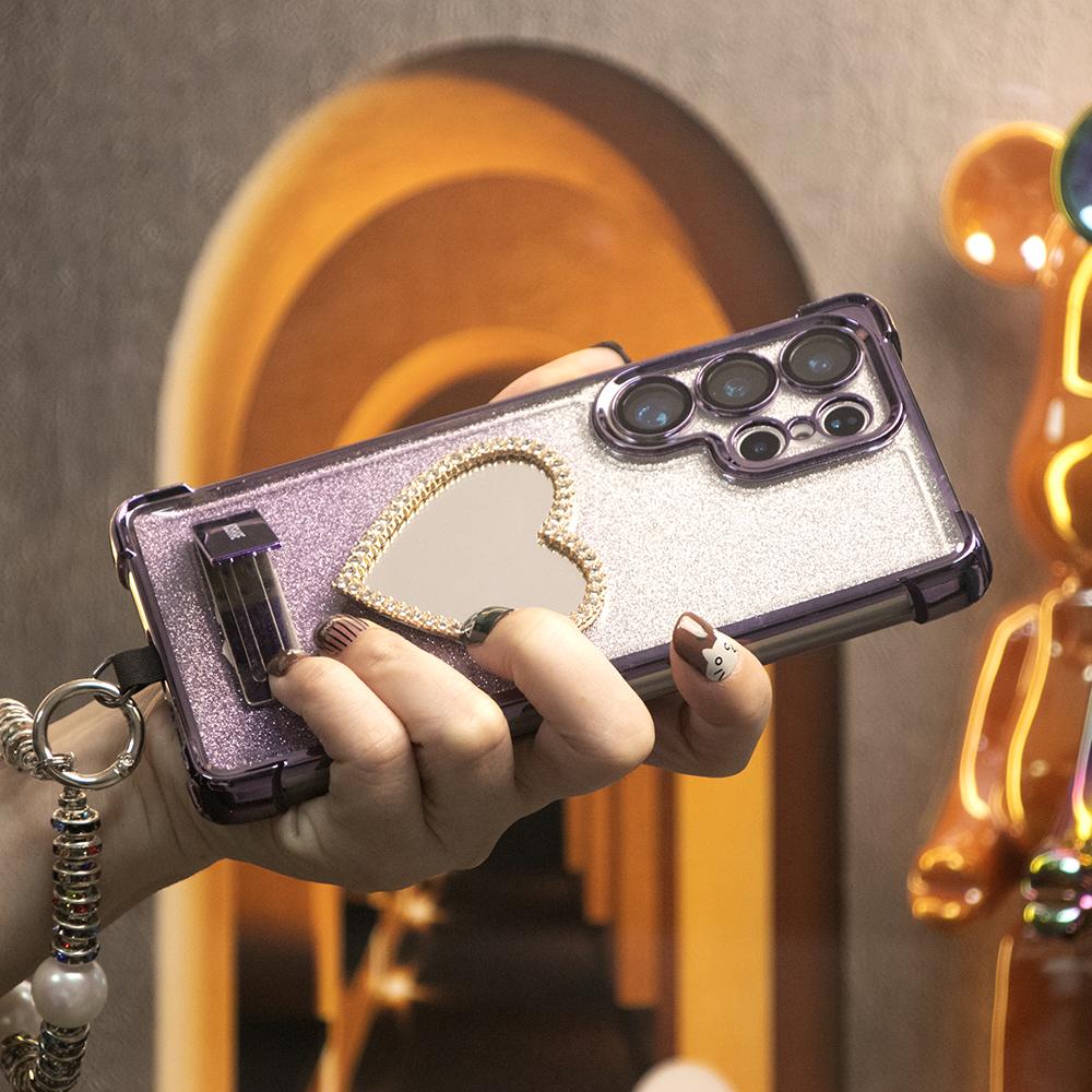 Gradient Plating Four Corners Love Heart Mirror Thin Kickstand Case with Pearl Diamond Wristband for Samsung S25Ultra S25 S24 S23 S22 S21 Note20 A53 A54 A55 Hard Acrylic Bumper Full Cover