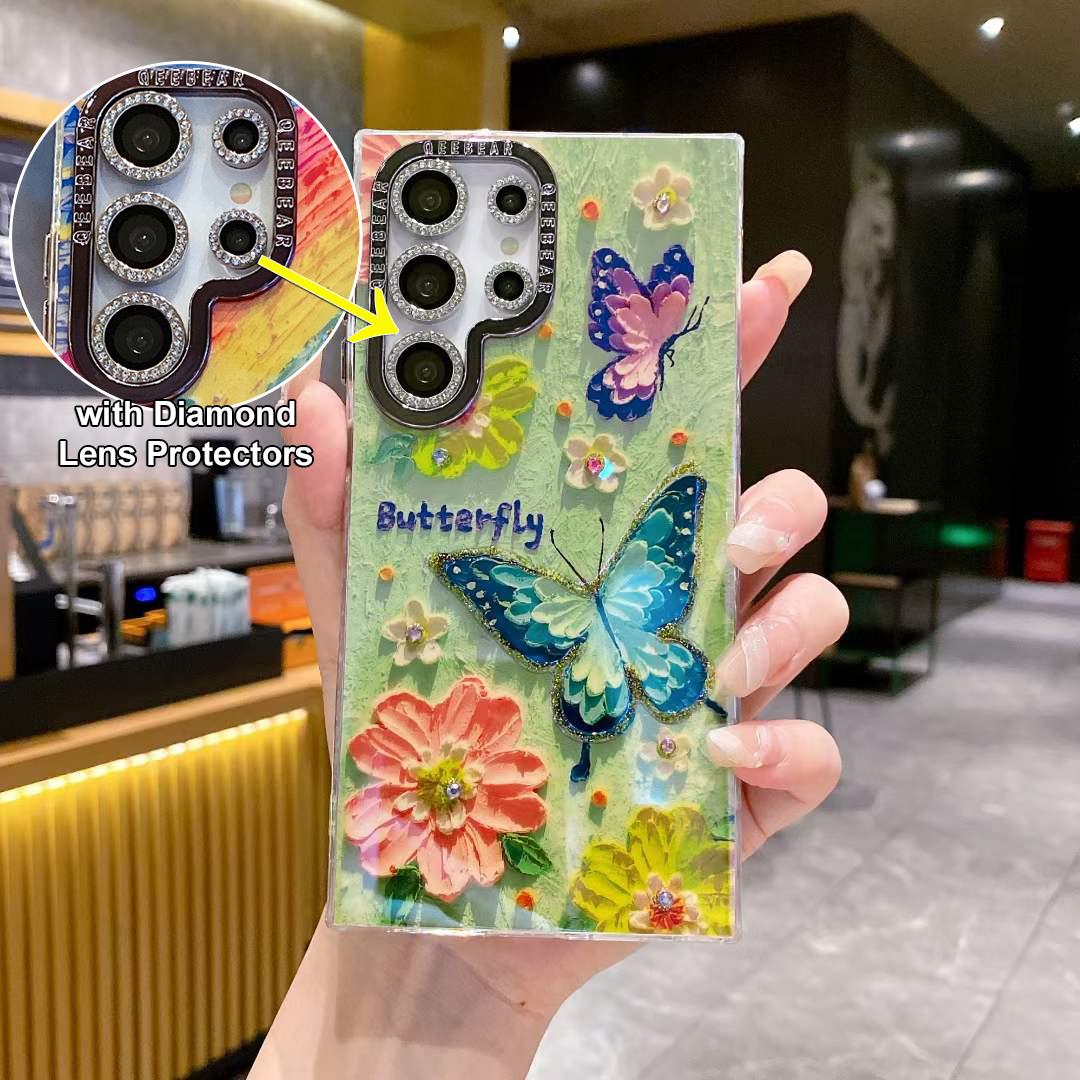 For Samsung S25 S24 S23 S22 Phone Case with Diamond Lens Protectors, Luxury Panda Leopard Rainbow Butterfly Elephant Oil Painting Metal Camera Frame Anti-drop Hard Shockproof Full Cover