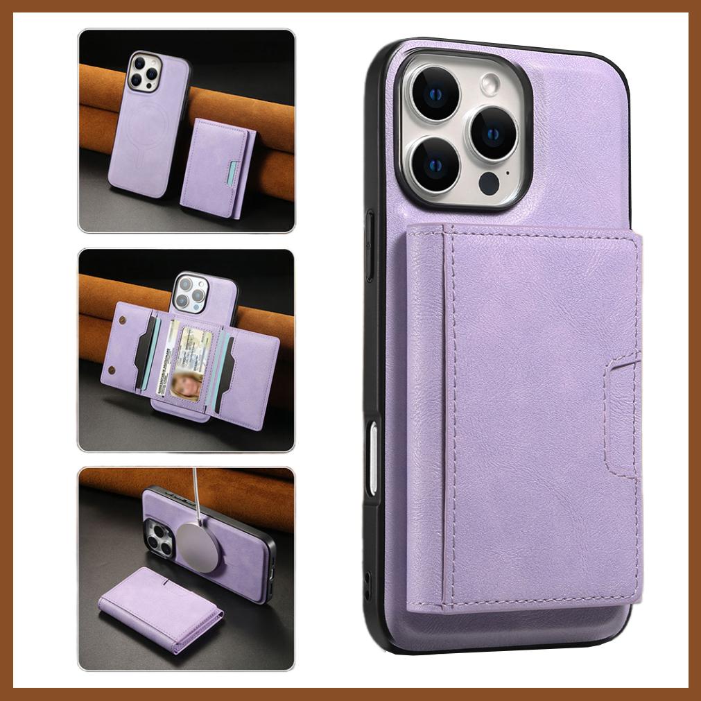 For iPhone 16ProMax 16 15 14 13 12 Leather Phone Case with Strong Magnetic Triple Fold Wallet, Anti-Fall Card Bag Kickstand for Magsafe Shockproof Business Hard Full Cover