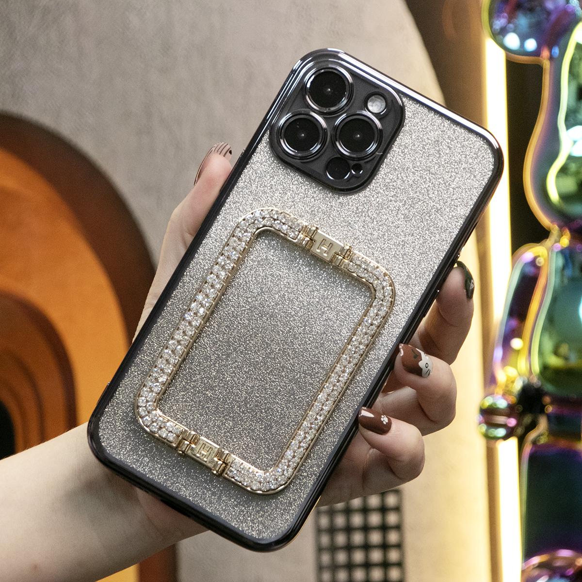 Glitter Transparent Gradient 3D Crystal Square Holder Plating Phone Case For iPhone 16 15 14 13 12 Pro Max Clear Soft TPU Back Cover