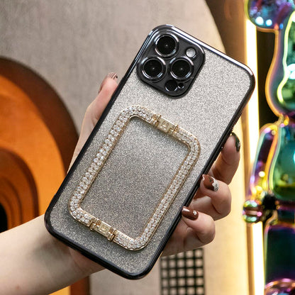 Glitter Transparent Gradient 3D Crystal Square Holder Plating Phone Case For iPhone 16 15 14 13 12 Pro Max Clear Soft TPU Back Cover