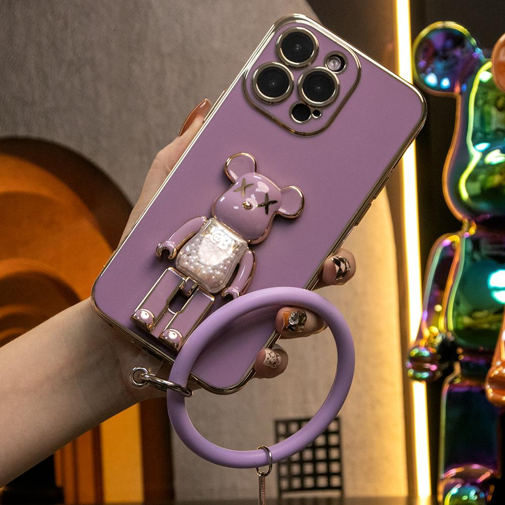 For iPhone 16 15 14 13 12 11 XR XSMax X/XS Phone Case, Candy Bear Kickstand with Silicone Bracelet, Plating Electroplate Luxury Elegant Case Camera Protector Pop Stand Shockproof Soft Cover