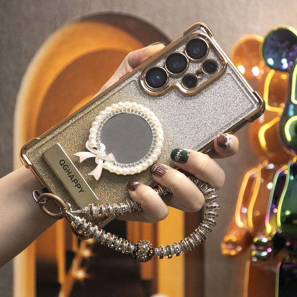 Gradient Plating Four Corners Bowknot Mirror Thin Kickstand Case with Pearl Diamond Wristband for Samsung S25Ultra S25 S24 S23 S22 S21 Note20 A53 A54 A55 Hard Acrylic Bumper Full Cover