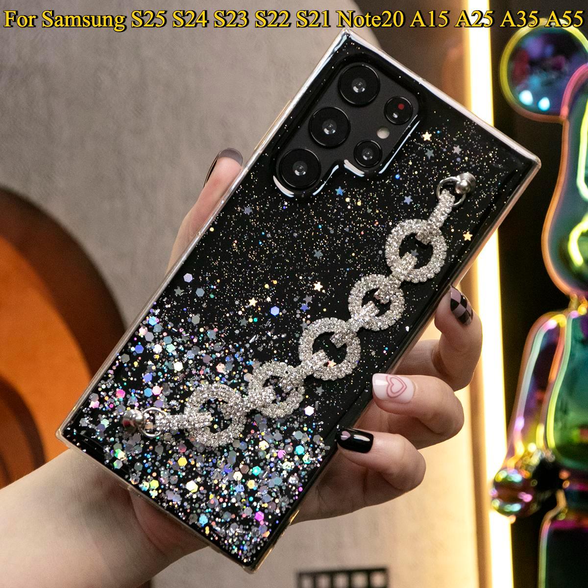 Glitter Star Sequin With Diamond Chain Phone Case For Samsung S25 S24 S23 S22 S21 Note20 A15 A25 A35 A55 Clear Soft TPU Back Cover