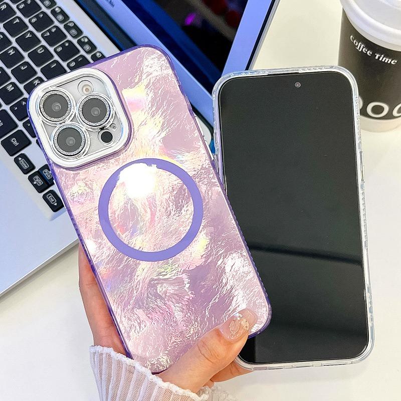 For iPhone 16ProMax 16 15 14 13 Phone Case, Electroplating Magnetic Laser Flow Silk Pattern Acrylic Slim With Glitter Len Protector, Protection Non-Yellowing Hard Cover