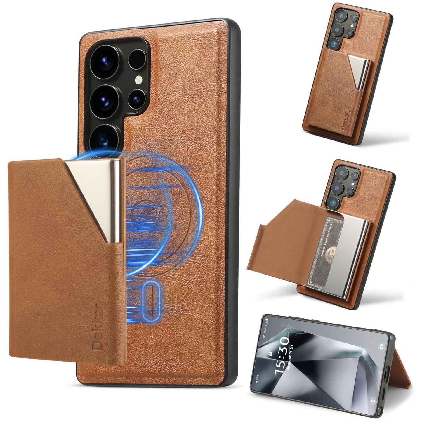For Samsung S25 S24 S23 A16 A15 A36 A35 A56 A55 A53 Leather Phone Case with Strong Magnetic Wallet, Anti-Fall Card Bag Kickstand for Magsafe Shockproof Business Hard Full Cover