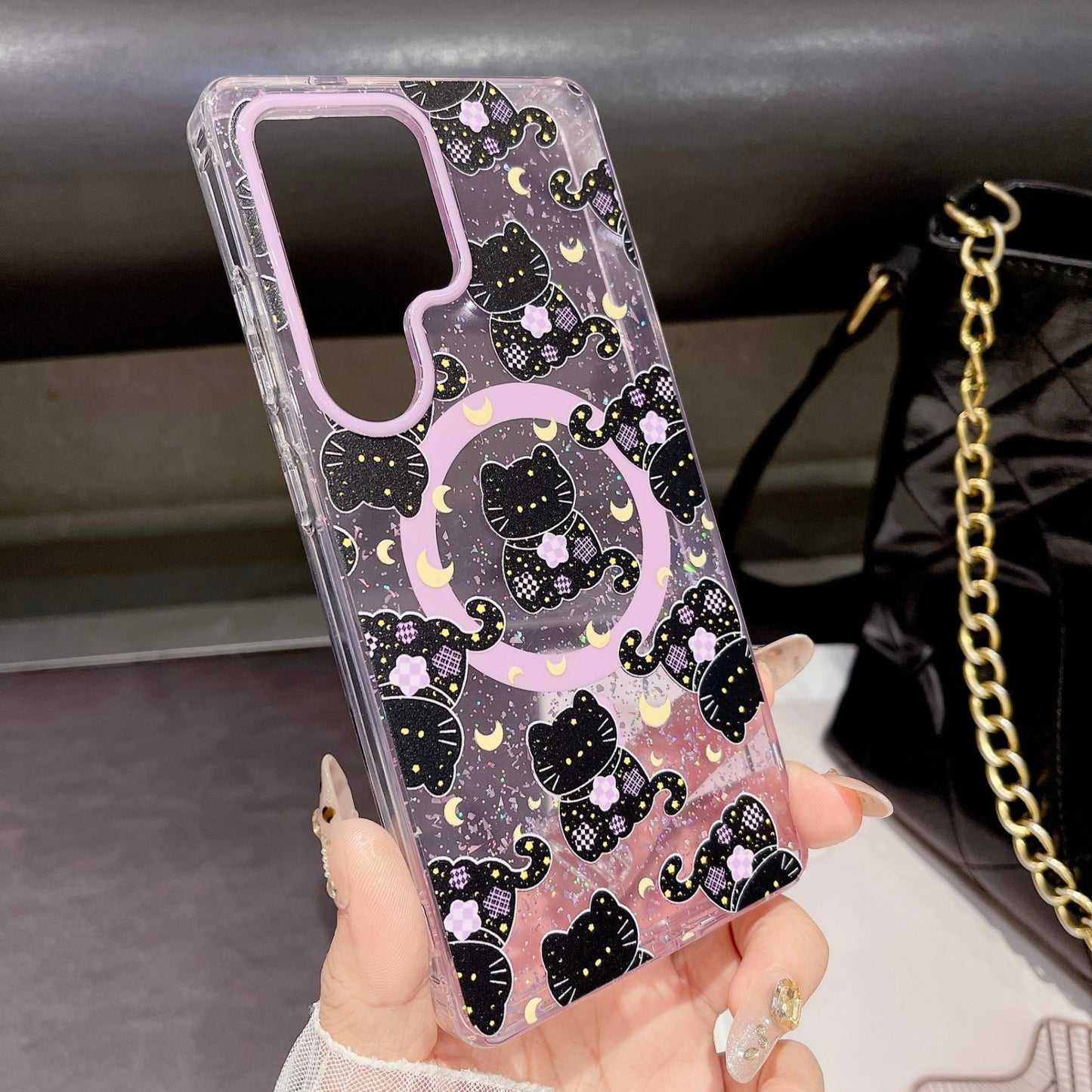 Cute Cartoon Moon Cat Magnetic Phone Case for Samsung S25 S24 S23 Ultra FE Plus Glitter Back Cover for Women Girls with Magnetic Stand