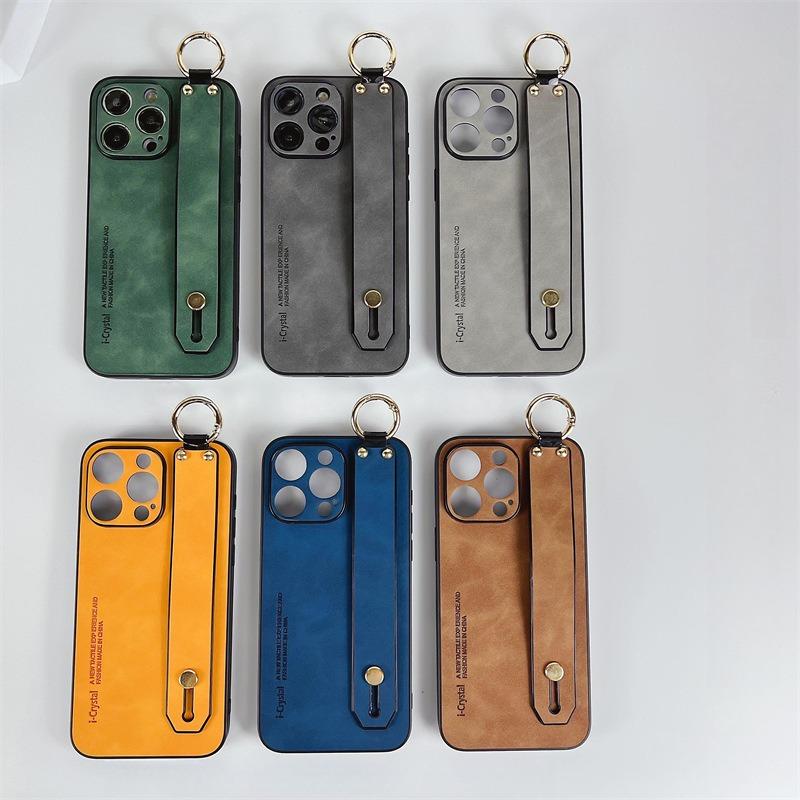 For iPhone 16ProMax 16 15 14 13 12 Case With Wristband, Matte Durable Faux Leather Kickstand Shockproof Phone Case