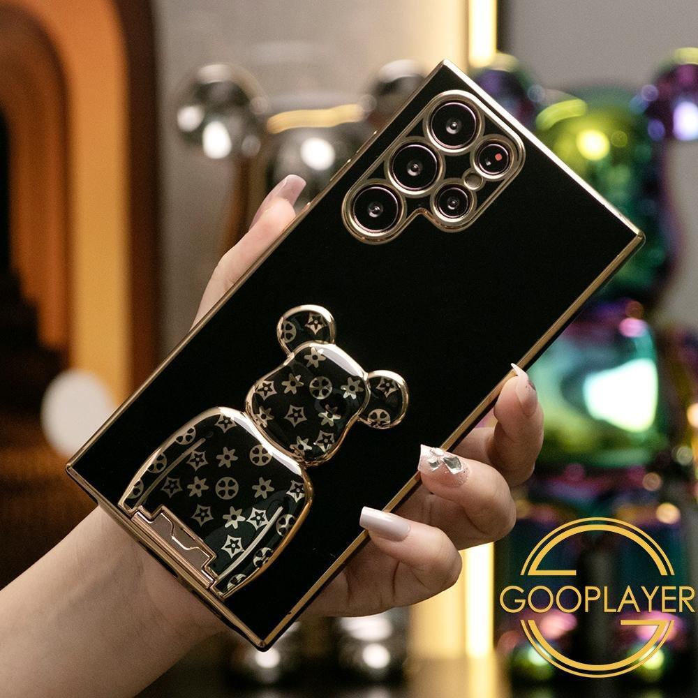 Plating Flower Bear Stand Phone Case for Samsung Galaxy S25Ultra S24 S25 Plus FE Soft TPU Back Cover