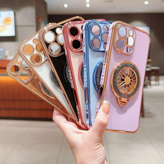 Plating Love Heart TPU Phone Case with Metal Magnetic Gyro Rotating Kickstand For iPhone 16ProMax 15 14 13 12 Shockproof Support Wireless Charging Soft Full Cover