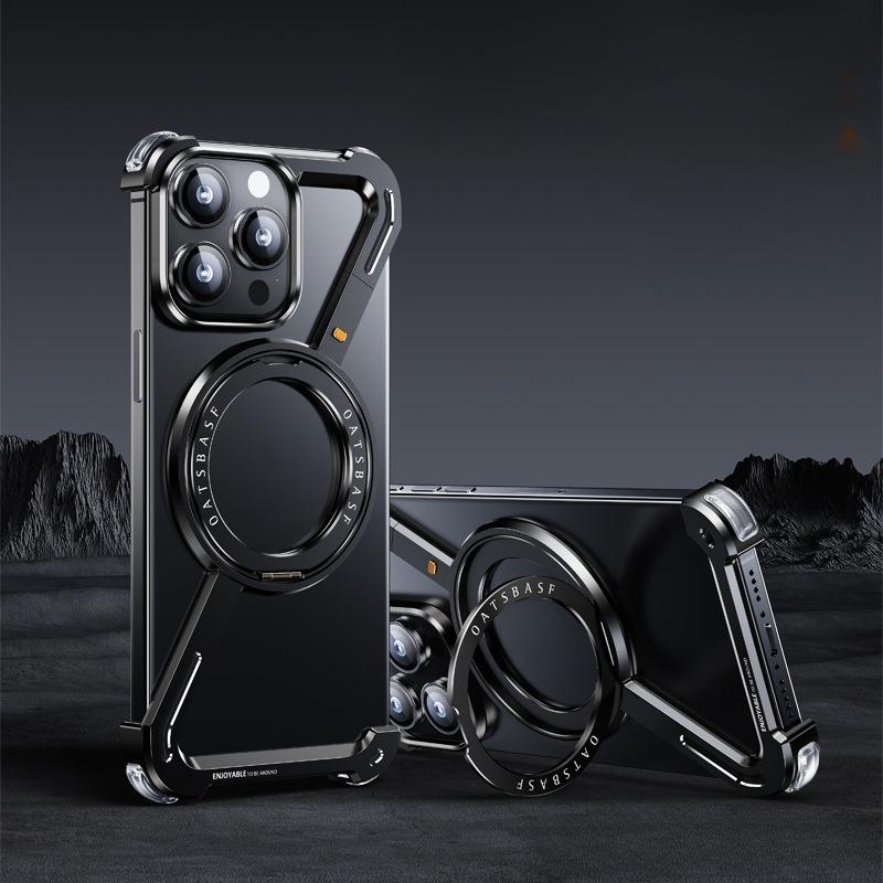 For iPhone 16ProMax 16 15 14 13 Desert Gold Aluminum Z Shape Phone Case with Metal 360 Rotating Kickstand, Anti-Fall for Magsafe Shockproof Frameless Support Wireless Charging Hard Full Cover