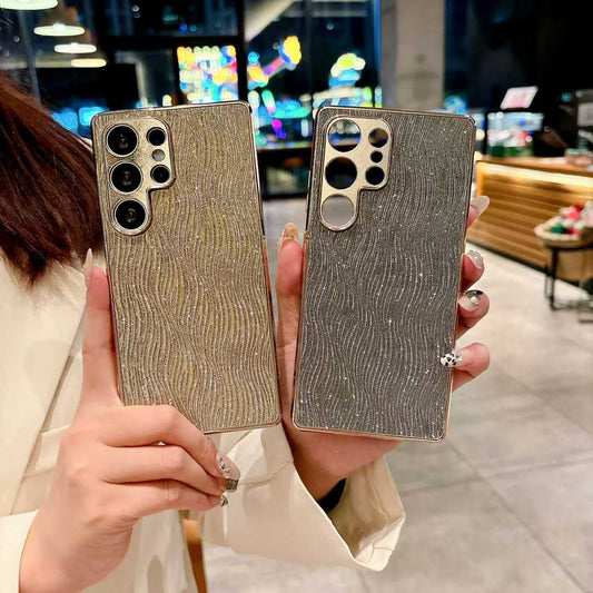 For Samsung S25Ultra S25Edge S25 S24 S23 Phone Case, Luxury Glitter Slim Water Ripple Pattern Plating Matte Leather Len Protection Shockproof Hard Full Cover