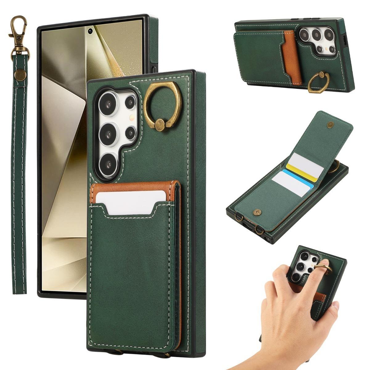 For Samsung S25Ultra S24 S23 S22 A16 A15 A35 A55 Leather Phone Case with Double Folding Wallet Wristband, Anti-Fall Card Slot Ring Kickstand Shockproof Business Hard Full Cover
