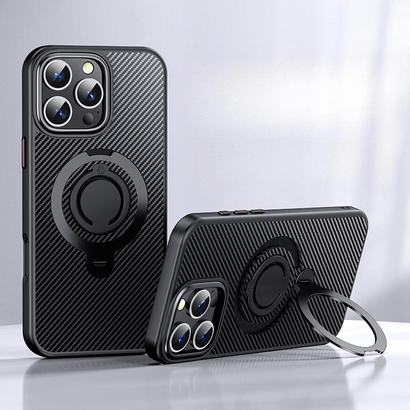 Carbon Fiber Pattern Slim PC Business Strong Magnetic Phone Case with 360 Rotating Metal Kickstand For iPhone 16ProMax 15 14 13 12 Skin Feel Bumper Shockproof Hard Full Cover